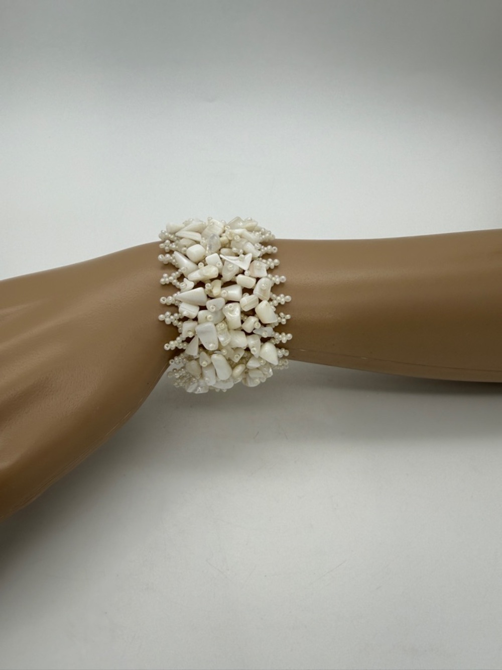 Vintage Woven Faux Biwa Mother Of Pearl Chip Cuff Bracelet Adjustable